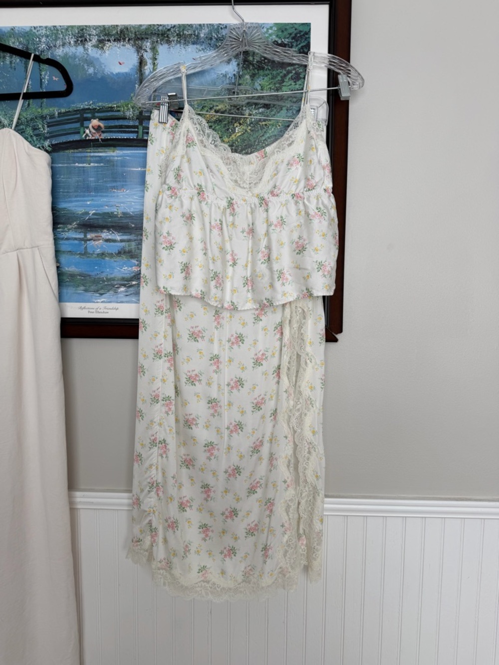 Floral Lace Trim Slip skirt and top. White with Pink & Green Floral Print